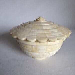 VINTAGE NEW HANDCRAFTED LIDDED OPIUM BOX BONE INLAY OVER WOOD TRINKET DISH